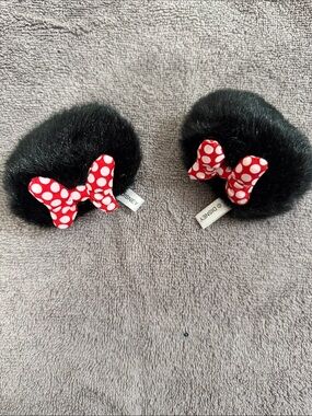 Disney Minnie Black Faux Fur Hair clip Poms with Red Polka Dot Bows